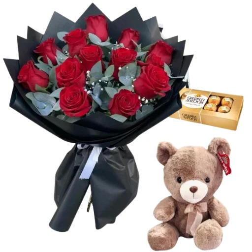 Ramo de 12 rosas rojas importadas rocher x8 y peluche